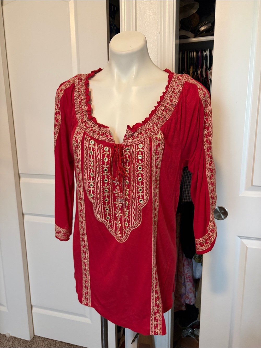 INC International Concepts Red Embroidered Peasant Tunic - Picture 2 of 8